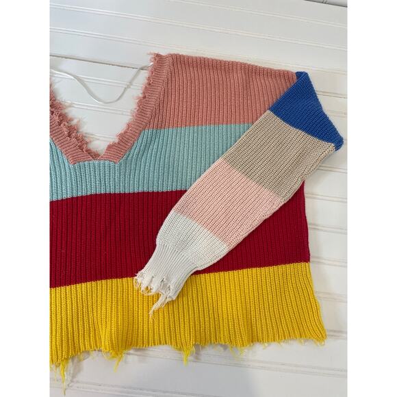 Fox + Hawk Color Block Cropped Distressed Stripe Sweater Multicolor Size S - Picture 4 of 5